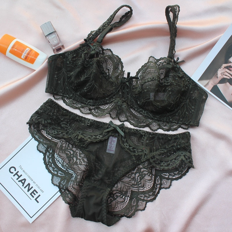 Transparent bra perspective ultra-thin sexy lace underwear set female light luxury gathered breathable lingerie sets