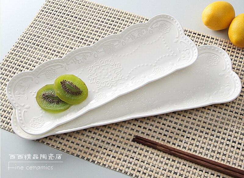 10inch white embossed porcelain vintage plate for buffet serving, ceramic japanese plates sushi dinnerware square