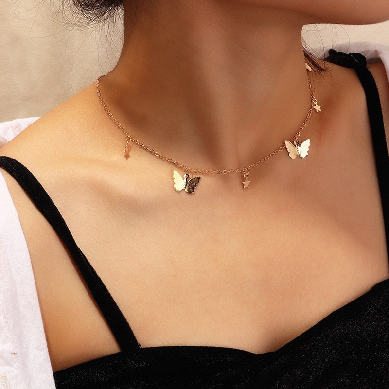 Cute Star Butterfly Choker Necklace For Women Gold Color Neck Statement Collar Chains Chocker Shining Choker Jewelry