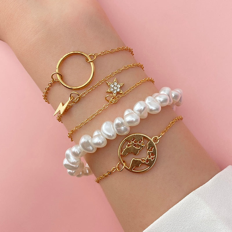 4Pcs/Set Geometric Crystal Charm Bracelets for Women Leaf Bangles Bracelets Set Wrist Chain Boho Bracelet