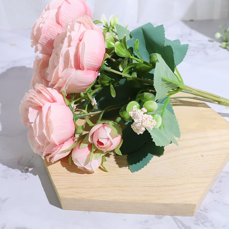 Beautiful Rose Peony Artificial Silk Flowers Small White Bouquet Home Party Winter Wedding Decoration Fake Flowers