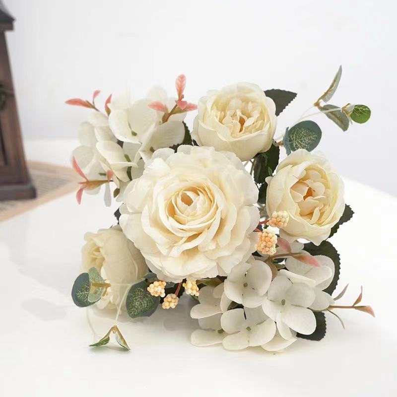 Artificial Flowers Retro Silk Rose Bouquet Hydrangea Peony Vintage Bride Holding Fake Flower Home Wedding Decoration