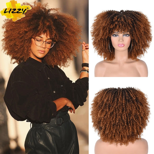 Short Afro Kinky Curly Wigs With Bangs African Synthetic Ombre Brown Wig High Temperature Glueless