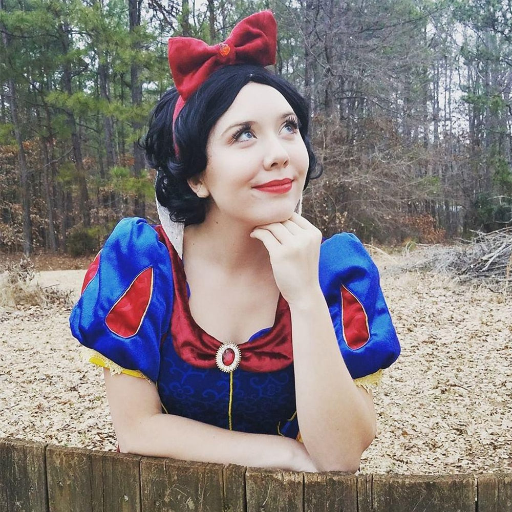 Black Short Curly Cosplay Synthetic Wig Snow White Princess Halloween Costume Party Wig + Headband Red Bow + Wig Cap