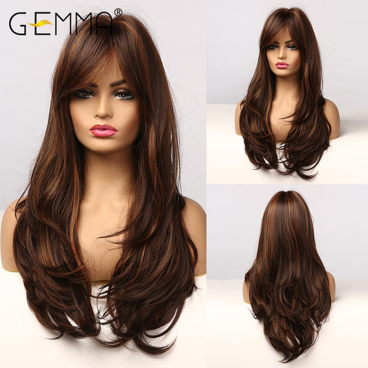 Synthetic Long Wavy Dark Brown Golden Highlight Wig Cosplay Wig with Bangs Heat Resistant