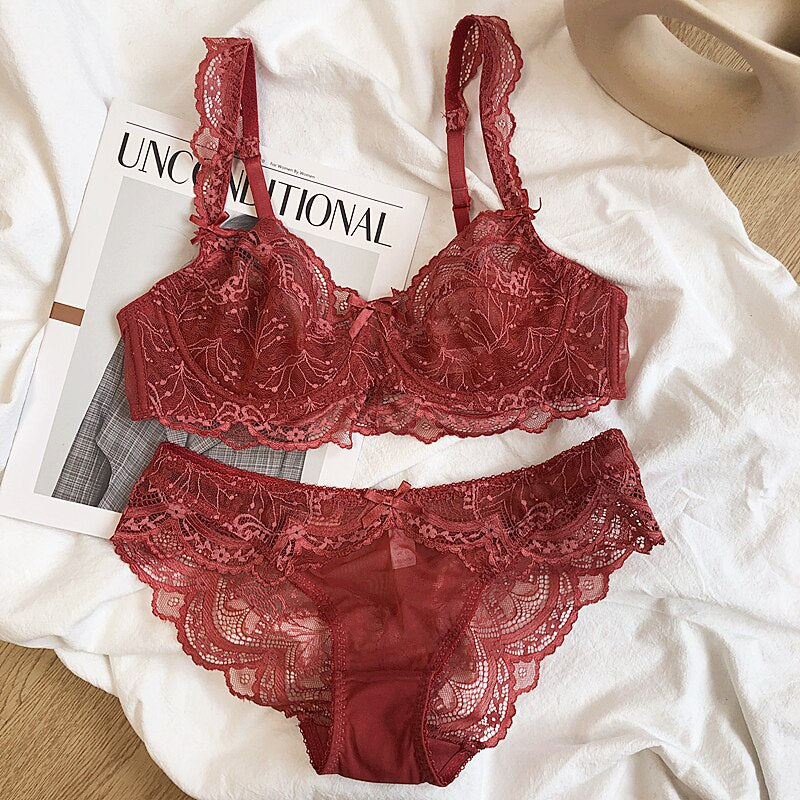Transparent bra perspective ultra-thin sexy lace underwear set female light luxury gathered breathable lingerie sets