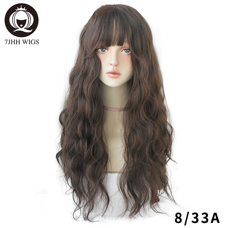 Blue Deep Wave Wig With Bangs Long Omber Brown Hair Layered Heat Resistant Cosplay Party Synthetic Wig