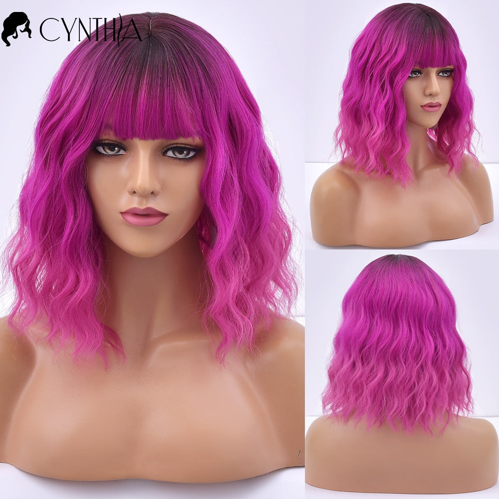 Purple Ombre Short Bob Body Wave Synthetic Wigs For Women Cosplay Wig With Bangs White Synthet Natural Hair Lolita Pelucas