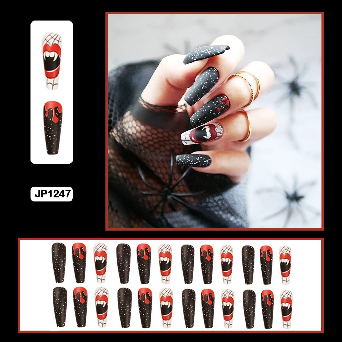 24PCS Dark Punk False Nails with Glue Gradient Long Detachable Fire Stick on Nails Skull Flame  Art DIY Fashion Manicure Tool