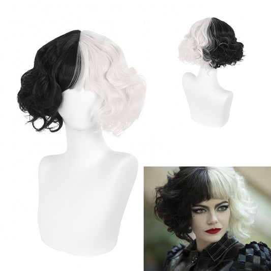 Cruella Deville Women Kuila Black and White Wig with Bangs Short Wave Curly Synthetic Hair Wig Party Cosplay Halloween Wig