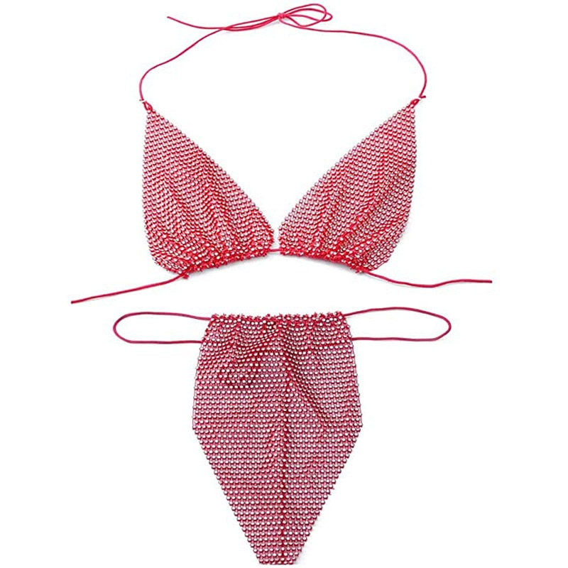 Bling Rhinestones Fishnet Bikini Women Halter Bra Sexy Panty 2 Piece Outfits Lady Lingerie Set Sexy Swimwear Women