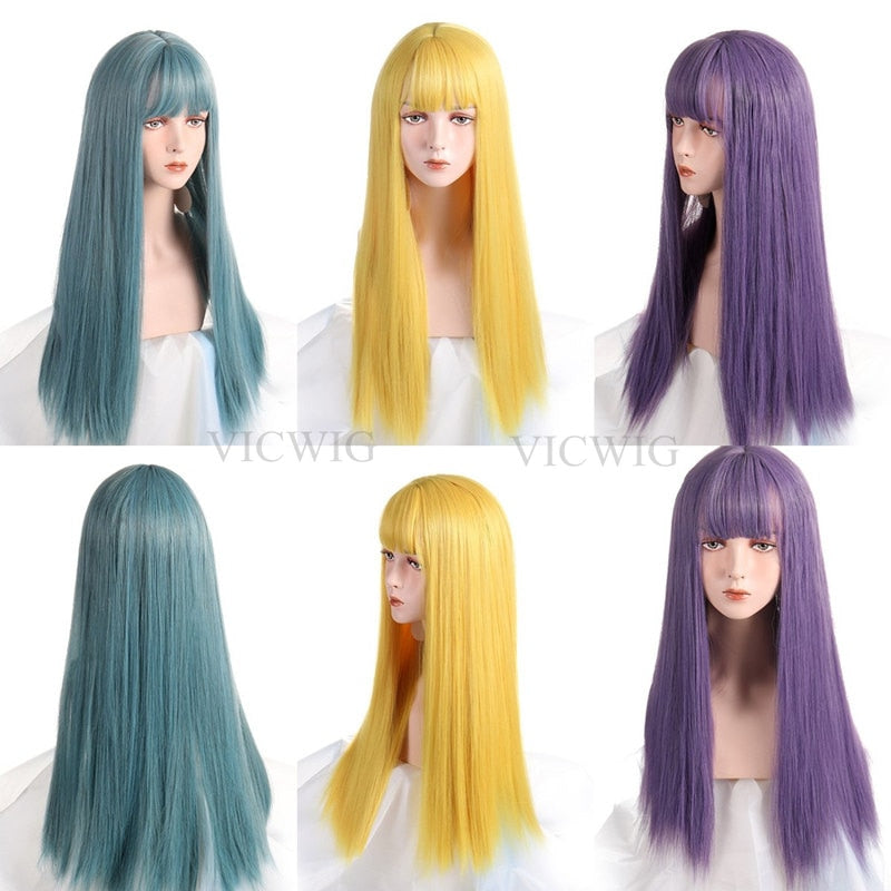 Cosplay Wig With Bangs Synthetic Straight Hair 24 Inch Long Heat-Resistant Pink Wig