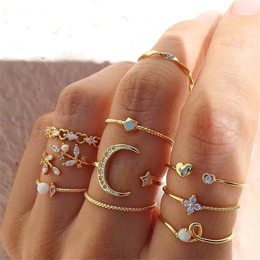 Bohemian Gold Color Chain Rings Set Boho Coin Snake Moon Rings Jewelry