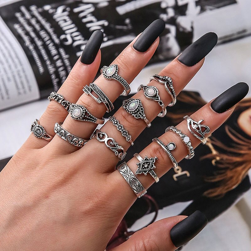 Vintage Rings Set For Women Boho Moon Star Knuckle Finger Ring Female Bohemian Gold Silver Color Jewelry Accessories