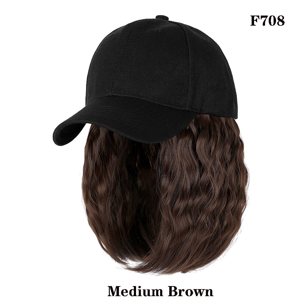 Short Wavy baseball wig Synthetic Natural bob Wig Black hat wigs cap with Hair Naturally Connect Baseball Cap Adjustable