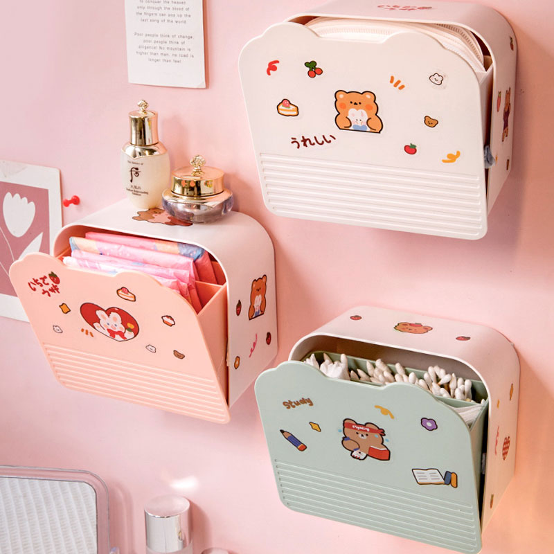 Kawaii Storage Organizer Adhesive Large Storage Box Sanitary Napkin Cosmetics Organizer Decorative Box Bathroom Accessories