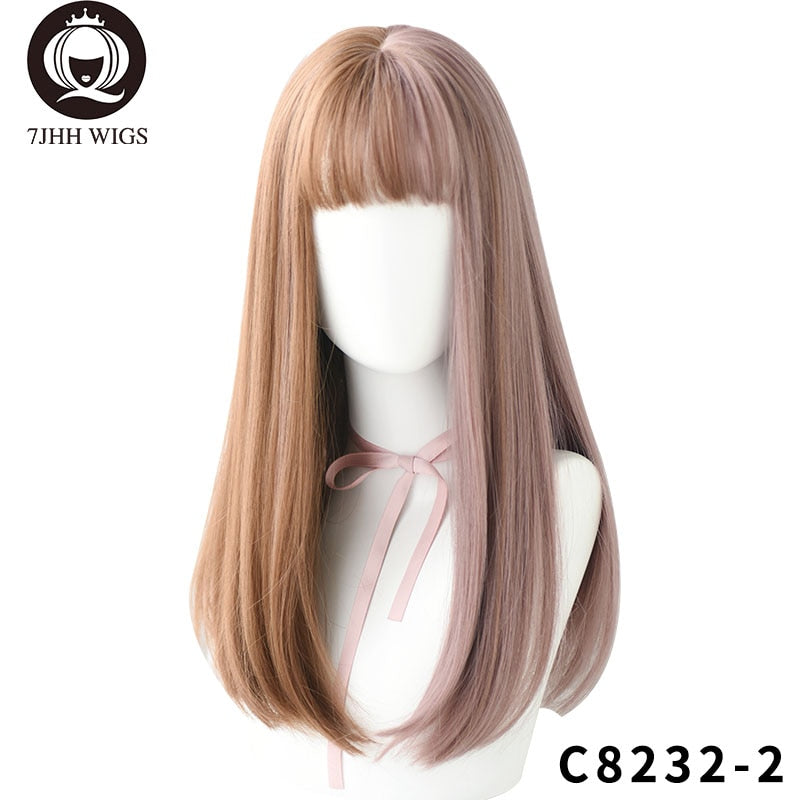 Long Remy Wig With Bangs Ombre Black Brown Synthetic Lolita Wig For Women Wire Heat Resistant Cosplay Wig