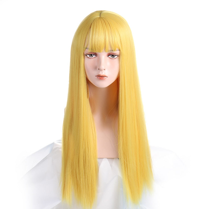 Cosplay Wig With Bangs Synthetic Straight Hair 24 Inch Long Heat-Resistant Pink Wig