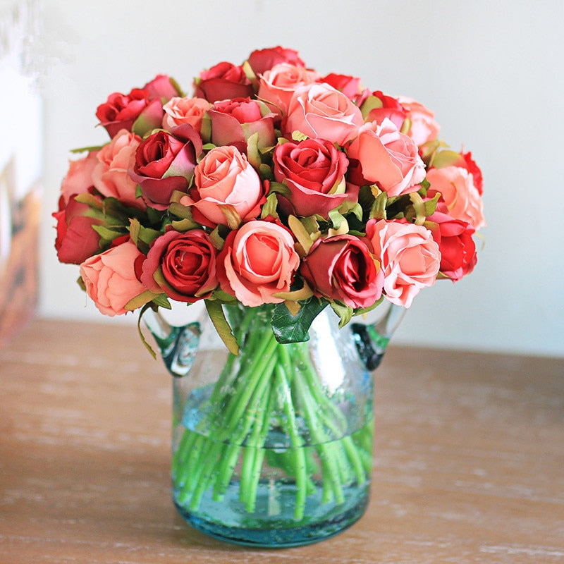 12 Heads/Bundle Artificial Rose Flowers Bride Bouquet Wedding Decorative Vase for Home Decoration Party Supplies Flores