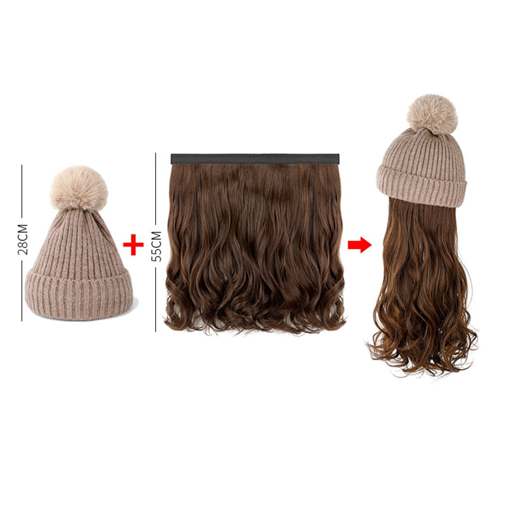 Ladies Fashion Long Curly Big Wave Wool Hat Wig Autumn And Winter Detachable All-in-one Black Brown Gray Wig With Hat