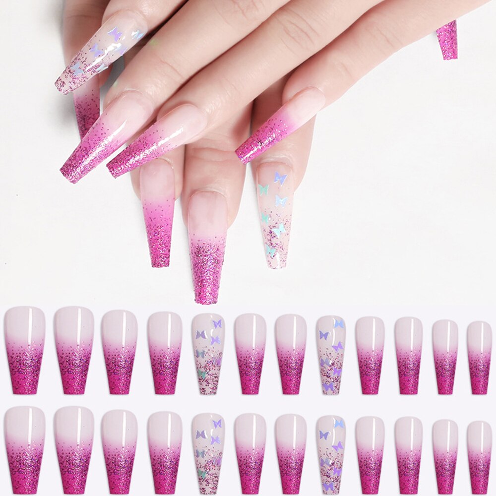 24/30Pcs Pink Leopard Designs False Nails French Long Coffin Fake Nail Artificial Full Cover Nail Art Tips Press on Nail