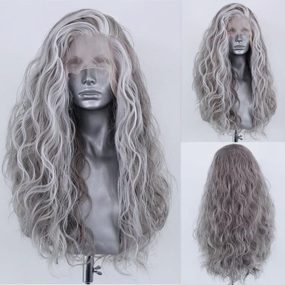 Synthetic Lace Front Wig Highlight Silver Grey Mix Color Wigs Women Daily Use Cosplay Wig