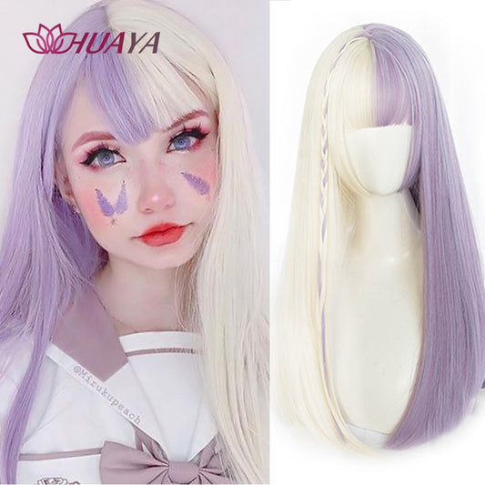 Long Straight Wig with Bangs Purple-White Heat Resistant Synthetic Hair Wigs for African American Girl Lolita Cosplay Wig