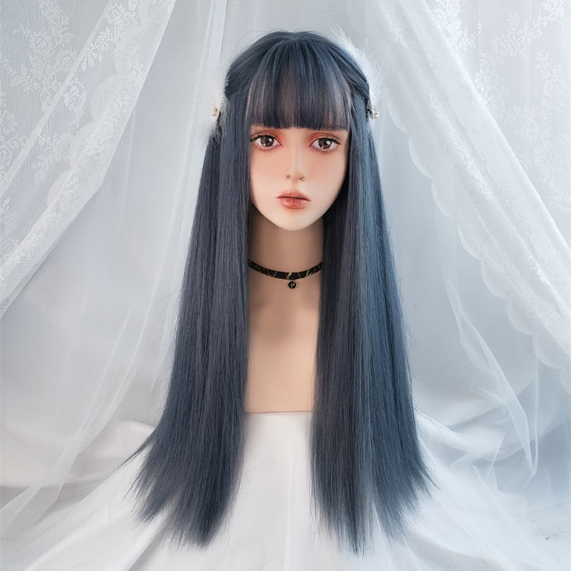 Cosplay Wig With Bangs Synthetic Straight Hair 24 Inch Long Heat-Resistant Pink Wig