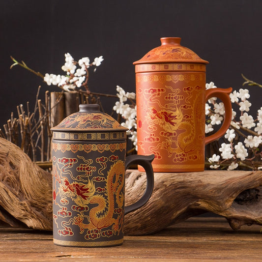 Retro Dragon Phoenix Purple Clay Tea Mug with Lid and Infuser Handmade Ceramic Teacup Water CupHome Drinkware