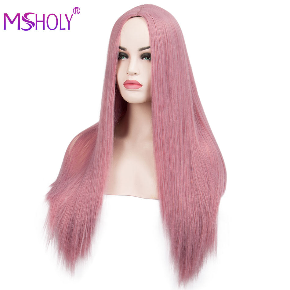 Pink Long Straight Wig Synthetic Ombre Hair Wigs Black White Pink Purple Blue Red Blonde Cosplay Wig Msholy