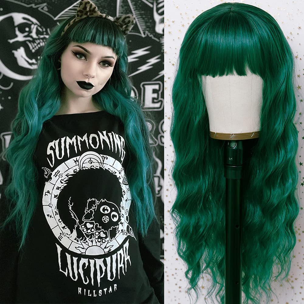 Green Long Wavy Bangs Loose Curly Hair Wig 26 Inches Natural Heat-Resistant Synthetic Fiber Ladies Cosplay Daily Wear Wig