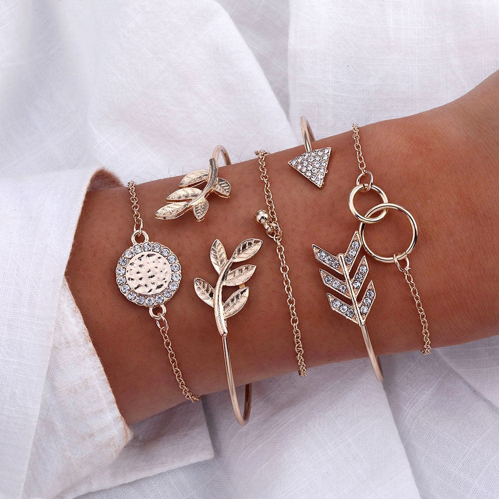 4Pcs/Set Geometric Crystal Charm Bracelets for Women Leaf Bangles Bracelets Set Wrist Chain Boho Bracelet