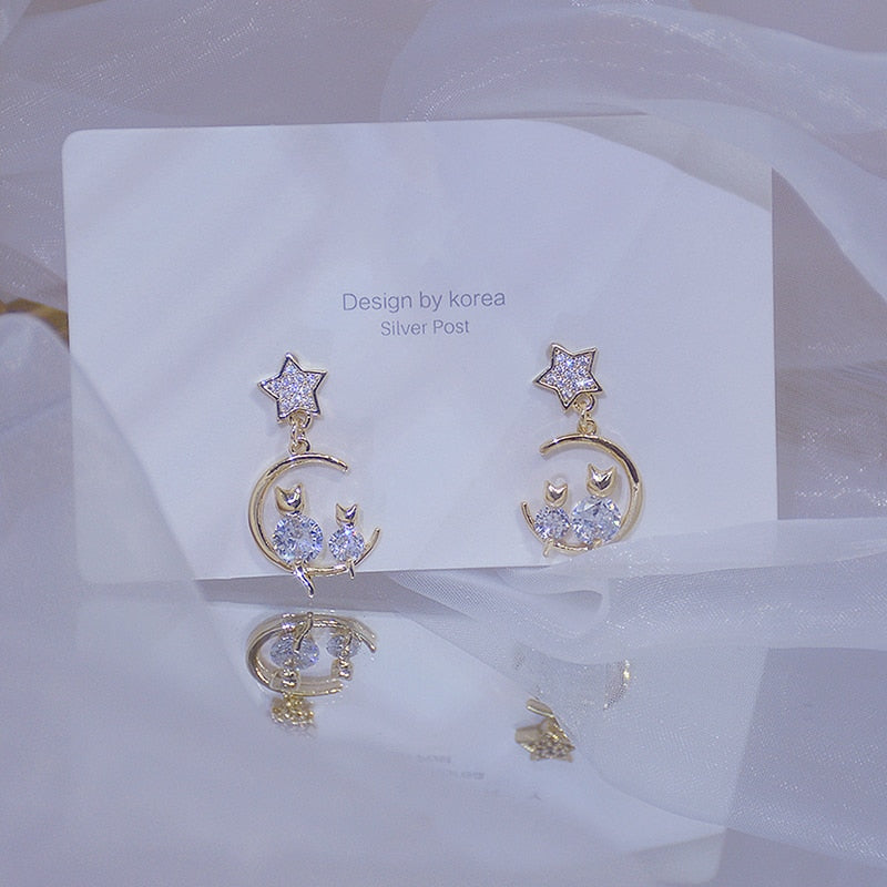 Cute Little Cat Shine Diamond Earring Zircon 14K Real Gold Stud Earring Daily Anniversary Star Jewelry Pendant