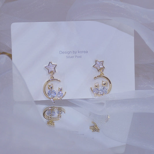 Cute Little Cat Shine Diamond Earring Zircon 14K Real Gold Stud Earring Daily Anniversary Star Jewelry Pendant