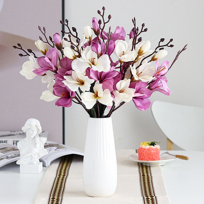 5 Forks 20 Heads Artificial Silk Flower Bouquet Simulation Magnolia Plant for Home Living Room Decoration Wedding Fake Flowers