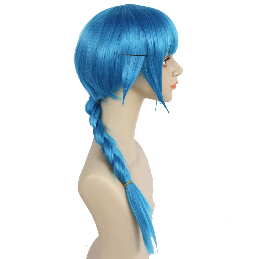 LOL League of Legends Anime Two Cities Battle Cosplay Light Blue Long Braid Ladies Bangs Synthetic Wig Juvenile Jinx Short Bob Wig