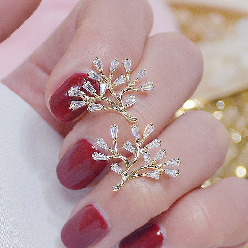 Transparent Crystal Tree Leaf Earring 14K Real Gold AAA Zirconia Stud Earring Bijoux Pendant