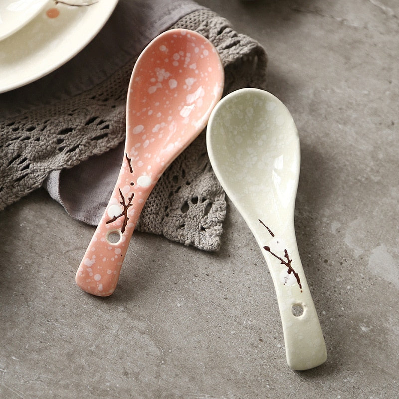 Japanese Ceramic Spoon Handpainting Porcelain Soup Spoon Kitchen Cooking Utensil Tool Tableware