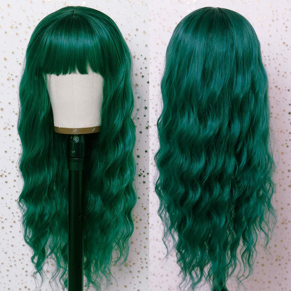 Green Long Wavy Bangs Loose Curly Hair Wig 26 Inches Natural Heat-Resistant Synthetic Fiber Ladies Cosplay Daily Wear Wig