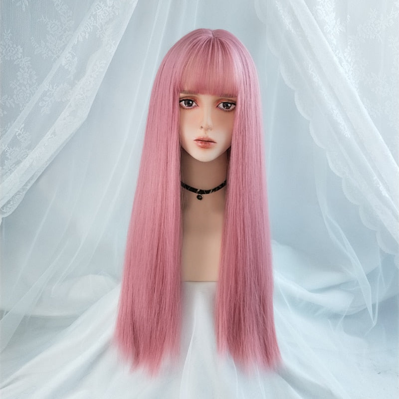 Cosplay Wig With Bangs Synthetic Straight Hair 24 Inch Long Heat-Resistant Pink Wig