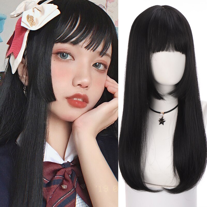 Synthetic Hair Black and Pink Wig Long Straight Hair Cosplay Lolita Wig Two Tone Ombre Color Women Heat Resistant Wigs