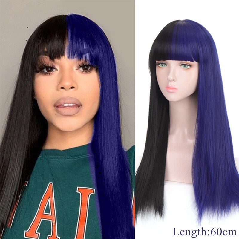 Synthetic Hair Black and Pink Wig Long Straight Hair Cosplay Lolita Wig Two Tone Ombre Color Women Heat Resistant Wigs