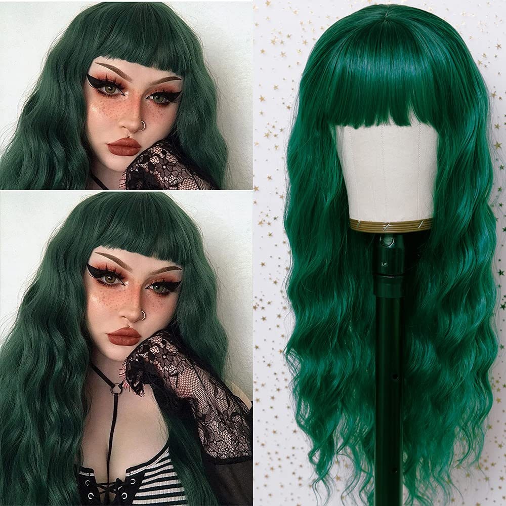 Green Long Wavy Bangs Loose Curly Hair Wig 26 Inches Natural Heat-Resistant Synthetic Fiber Ladies Cosplay Daily Wear Wig