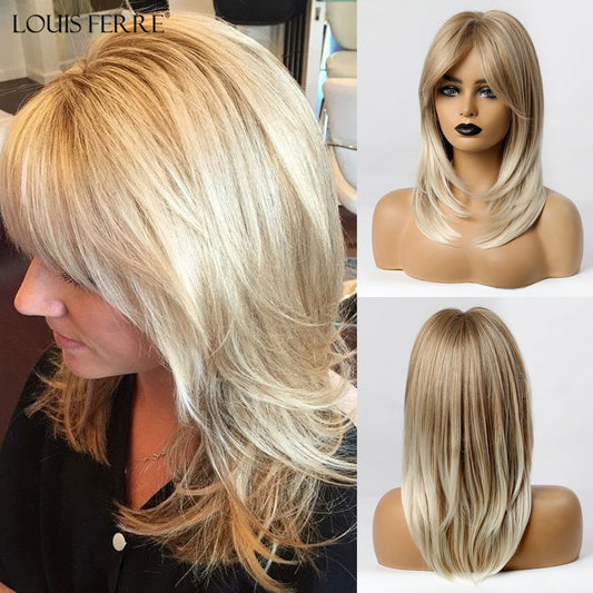 Ombre Blonde Synthetic Wig with Bangs Medium Length Layered Straight Bob Wigs Heat Resistant Daily Use Wig