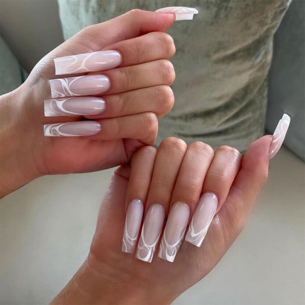 24/30Pcs Pink Leopard Designs False Nails French Long Coffin Fake Nail Artificial Full Cover Nail Art Tips Press on Nail