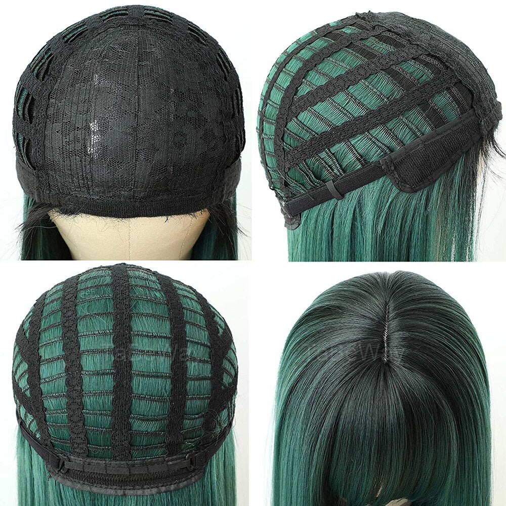 Long Straight Green Belt Bangs Ladies Synthetic Wig 26 Inches 65 Cm Cosplay Anime High Temperature And Heat Resistant Fiber Wig
