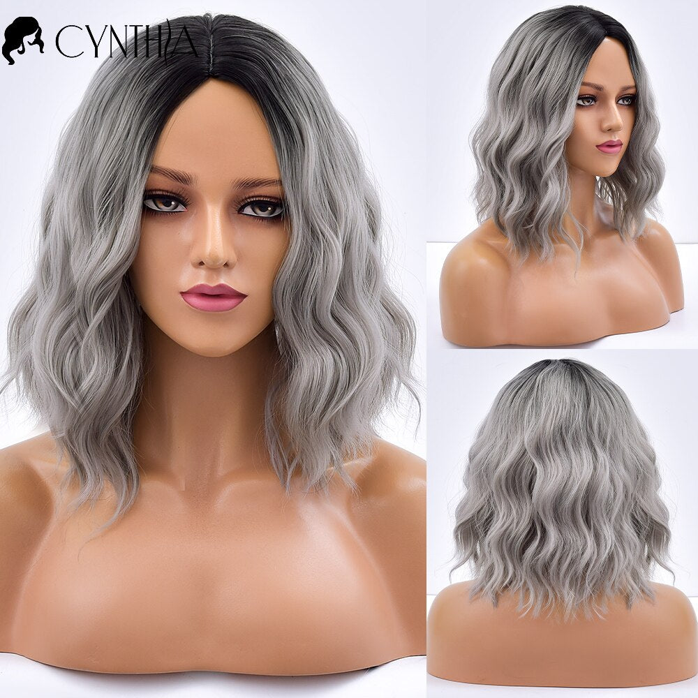 Purple Ombre Short Bob Body Wave Synthetic Wigs For Women Cosplay Wig With Bangs White Synthet Natural Hair Lolita Pelucas