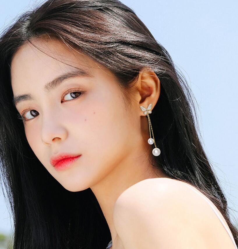 Korean Jewelery Elegant Butterfly Long Pearl Crystal Earrings Tassel Girl Earring