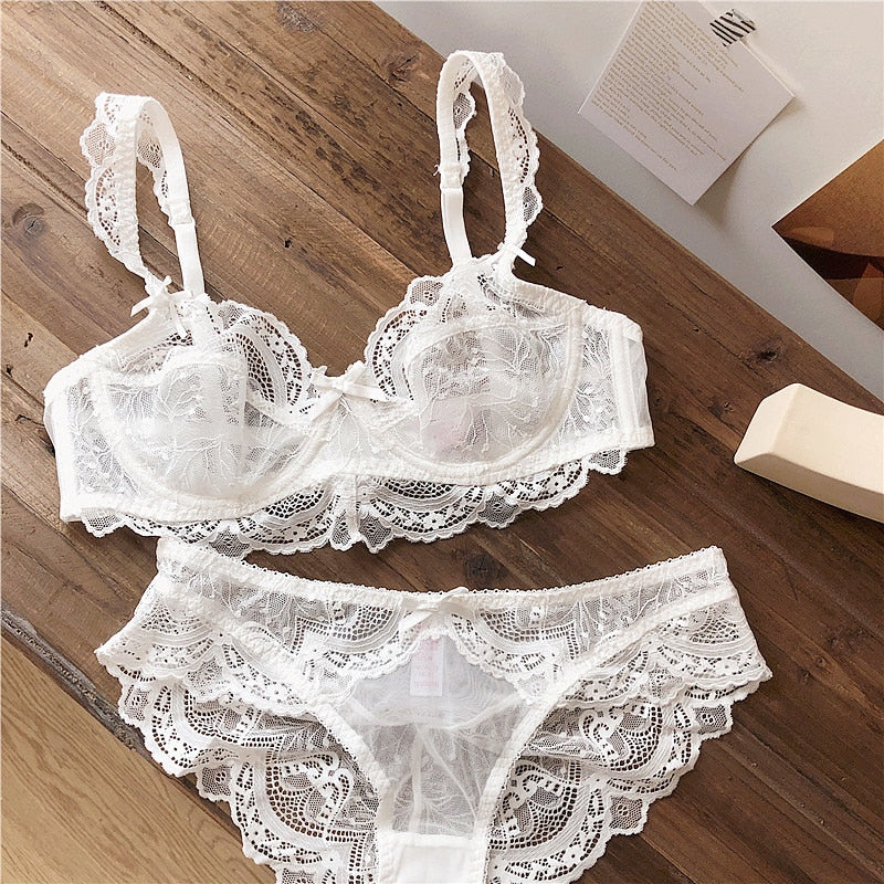 Transparent bra perspective ultra-thin sexy lace underwear set female light luxury gathered breathable lingerie sets