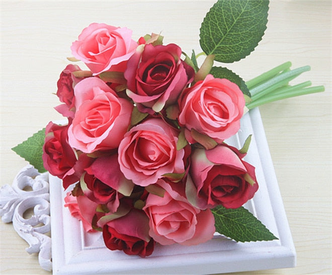 12 Heads/Bundle Artificial Rose Flowers Bride Bouquet Wedding Decorative Vase for Home Decoration Party Supplies Flores